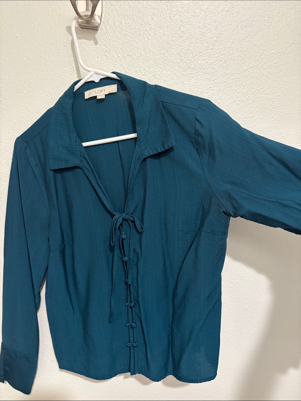 LOFT Teal Tie-Neck Button Down Blouse